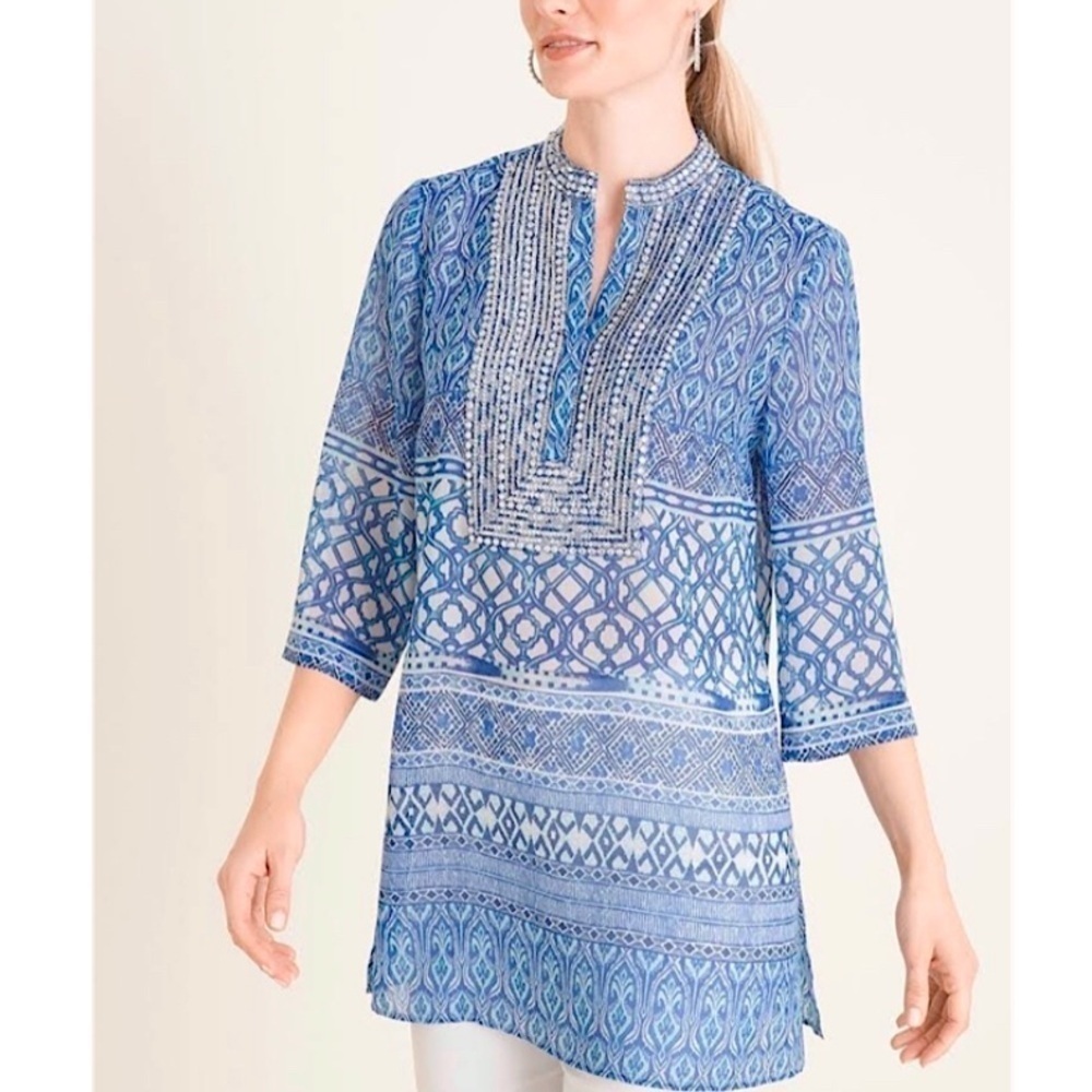 Chicos Mixed Print Rhinestone Top